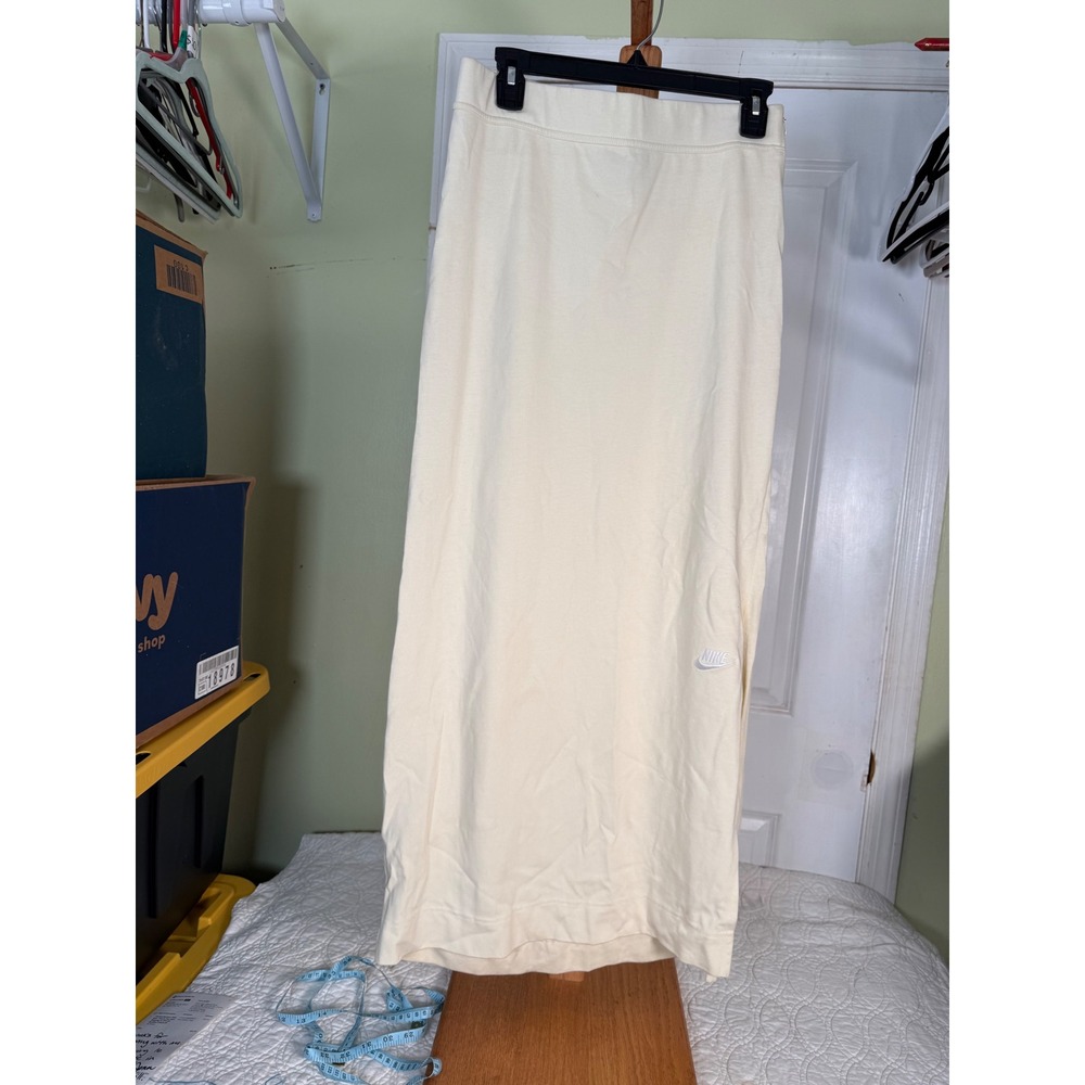 Nike Sportswear Essential Maxi Skirt Cream Jersey Side Zip Swoosh Logo Mens M